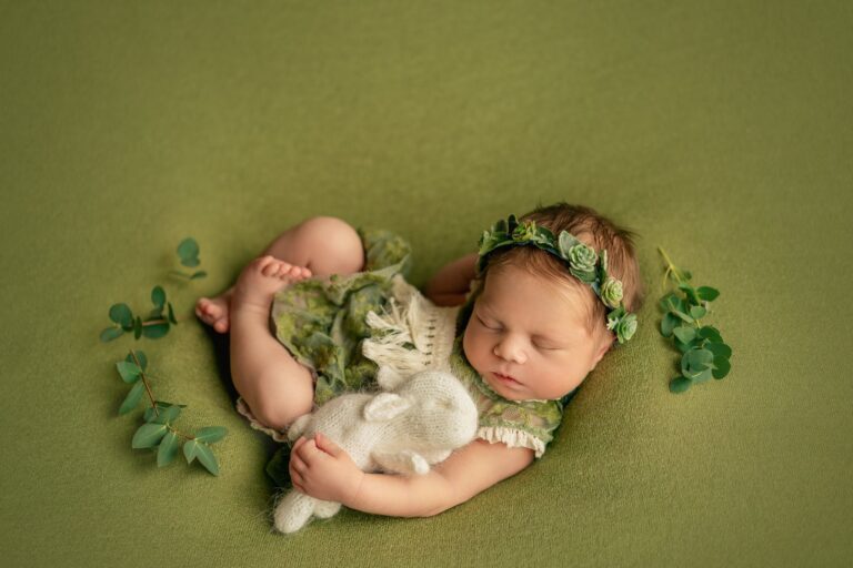 Newborn girl in a succulent headband asleep hugging a knit bunny on green